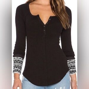Free People Ski Lodge Alpine Sweater Cuff Thermal Henley Black Gray XS